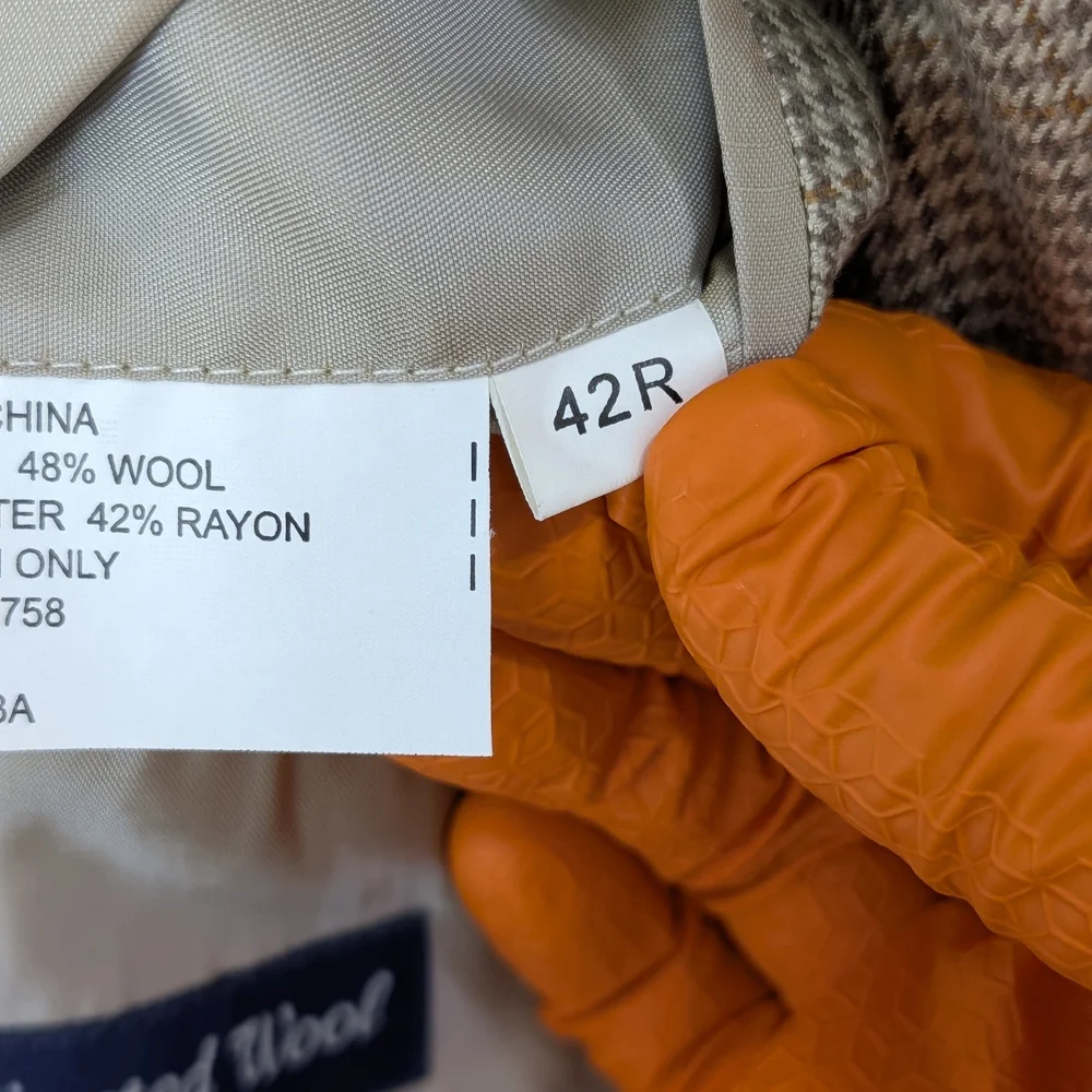 Alan Flusser Men's Light Tan Houndstooth Silk Worsted Wool Blazer Size 42R Sleek